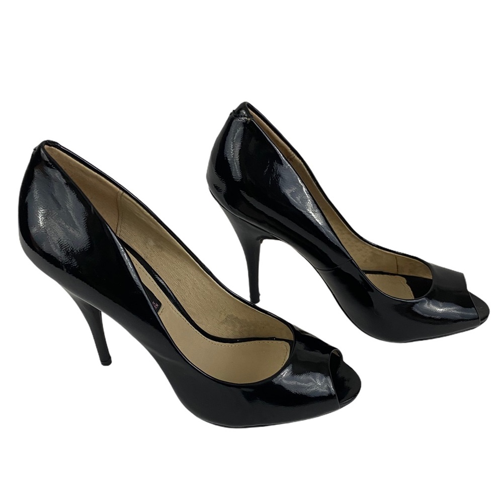 STEVEN Black Patent Leather Peep Toe Pumps